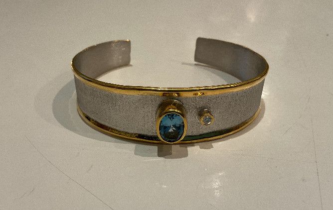 Silver &amp; 24K YG Overlay Cuff 1.5 CT Aquamarine Diamond Cuff Bracelet