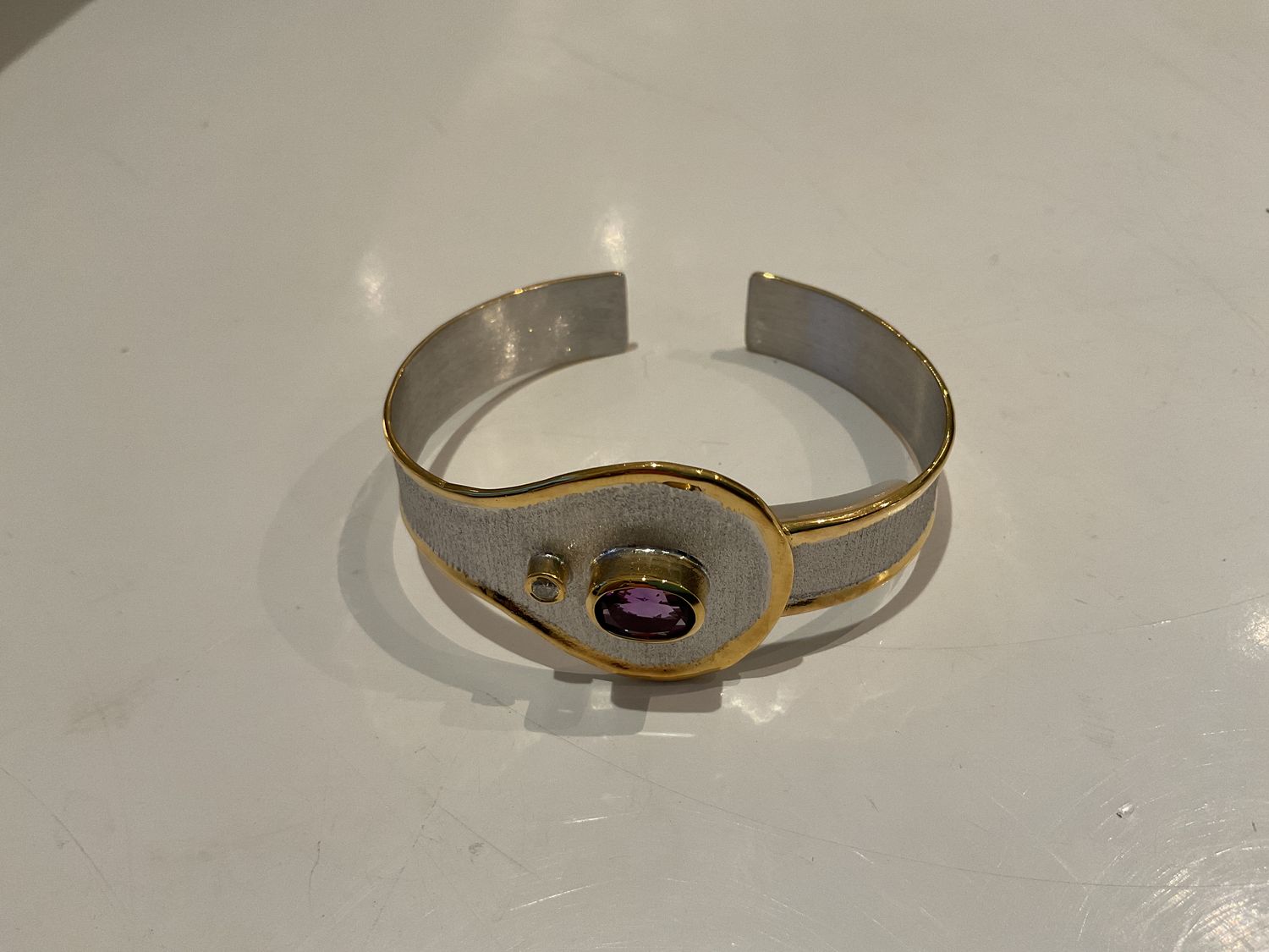 Silver &amp; 24K YG Overlay Cuff 1.75 ctw Oval Amethyst w/ Diamond Round Buckle