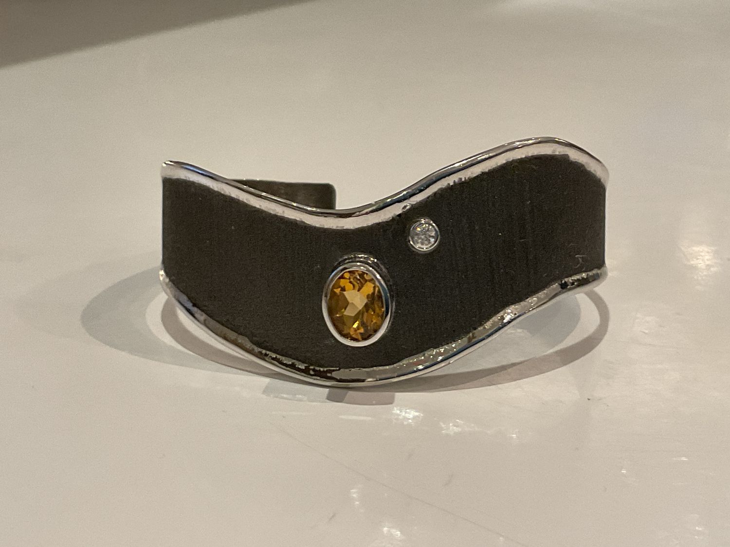 Cuff Citrine 1.7 ctw w/Diamond Sterling Oxidized &amp; Polished