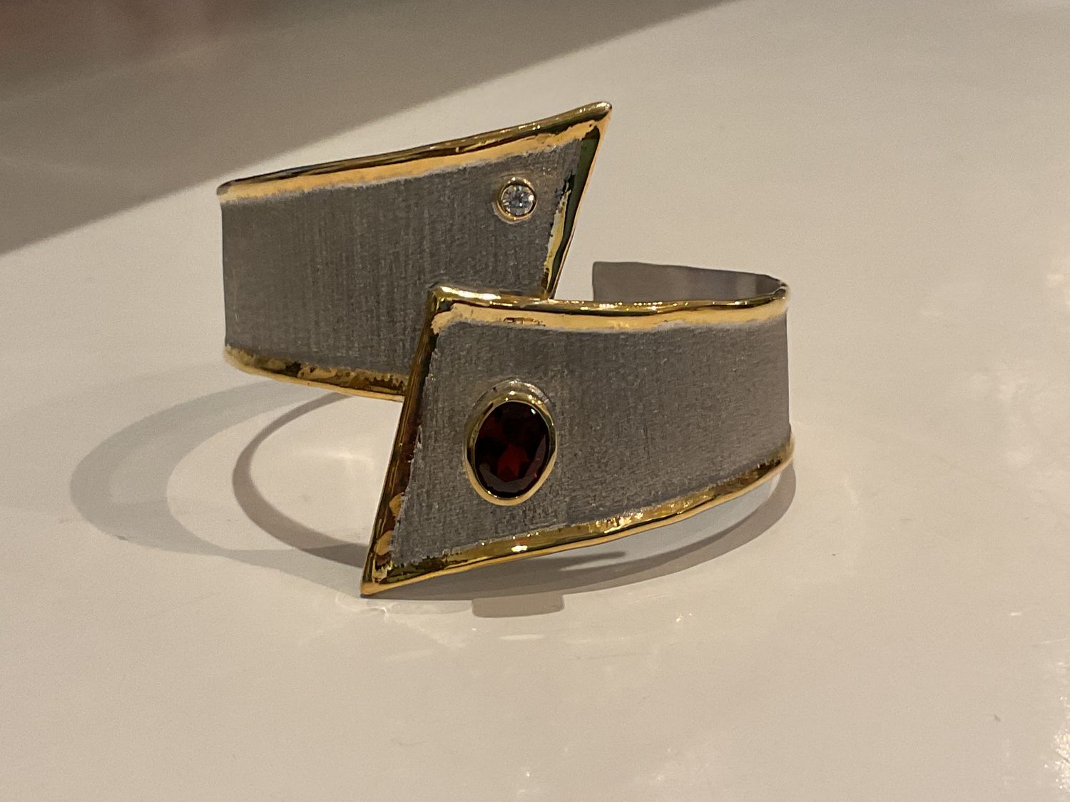 Cuff Garnet 1.75 Diamond 0.3 Sterling &amp; 24k YG Overlay Asymmetric
