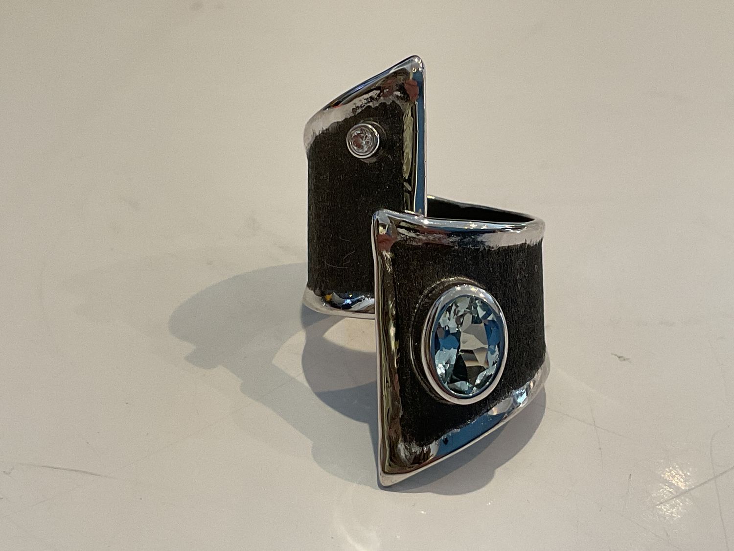 Ring Aquamarine 1.75 Diamond 0.3 Sterling Oxidized Adjustable