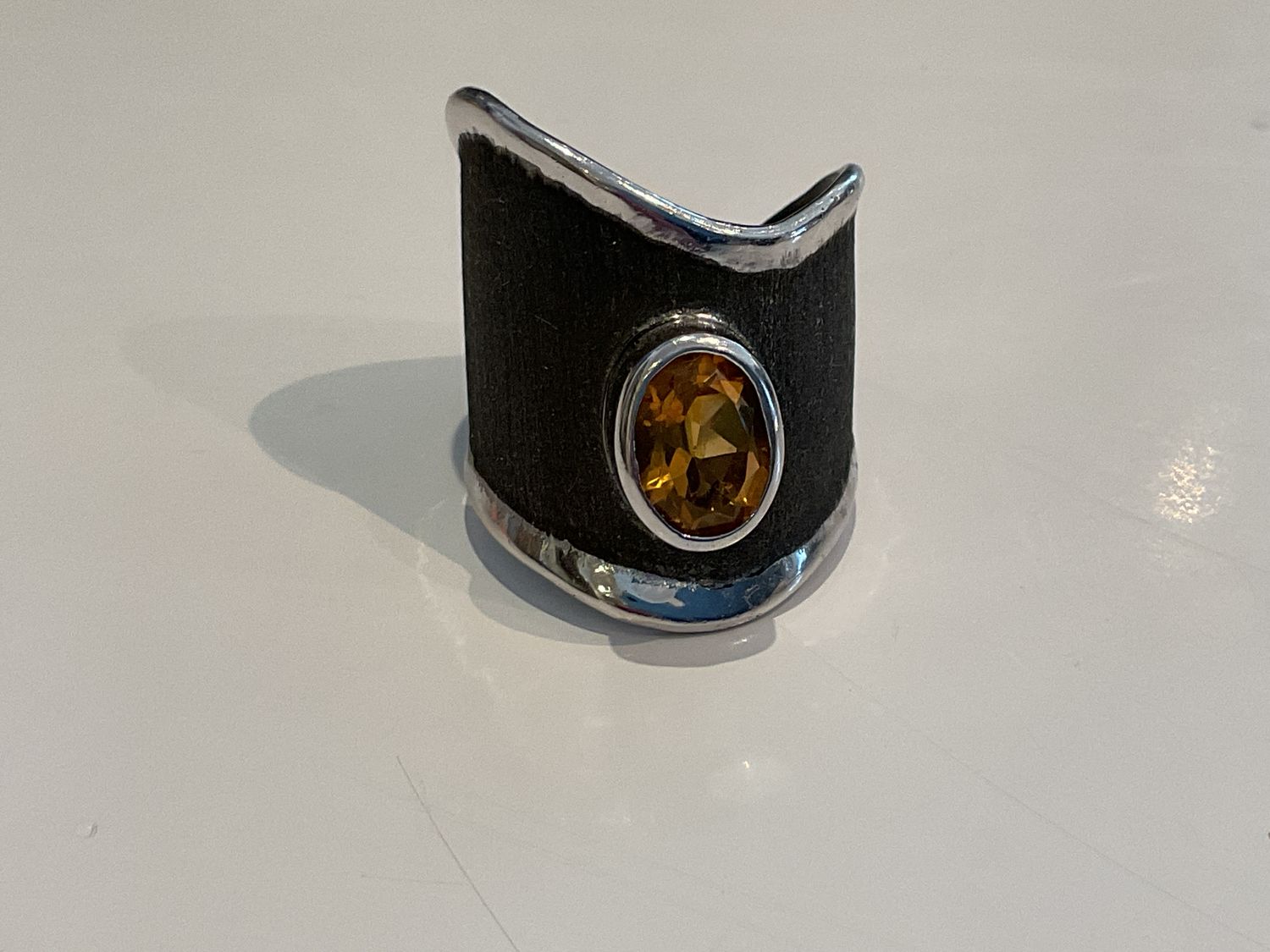 *Ring Citrine 1.75 Sterling Oxidized Wave Adjustable
