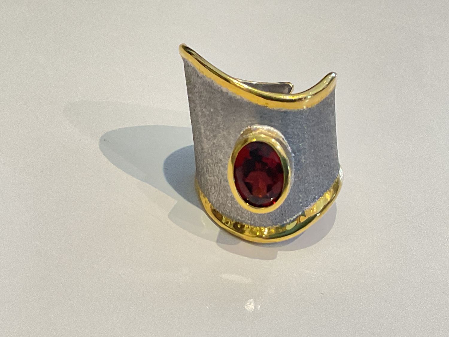 Ring Garnet 1.75 Wave Sterling Brushed &amp; 24k YG Overlay