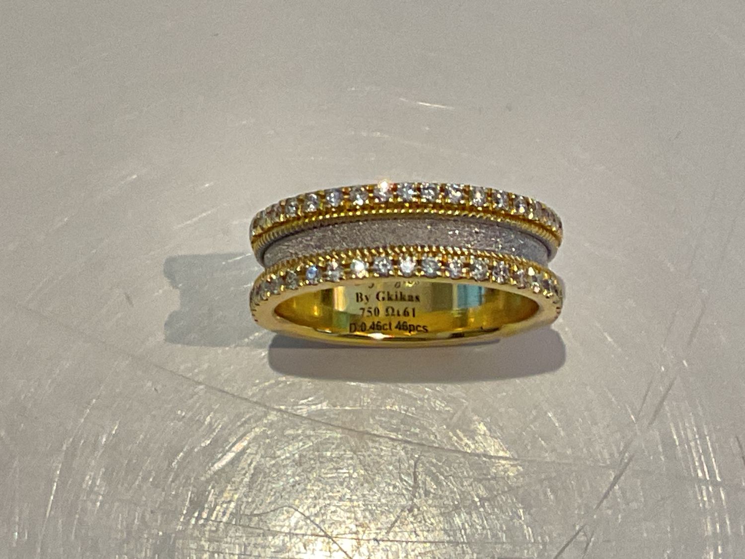 Ring Diamonds .46 18k YG w/ Rhodium Inset Band Handmade Greece