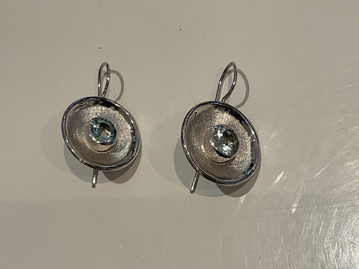 Earrings Aquamarine Center 1 ct Each Sterling Brushed Disc