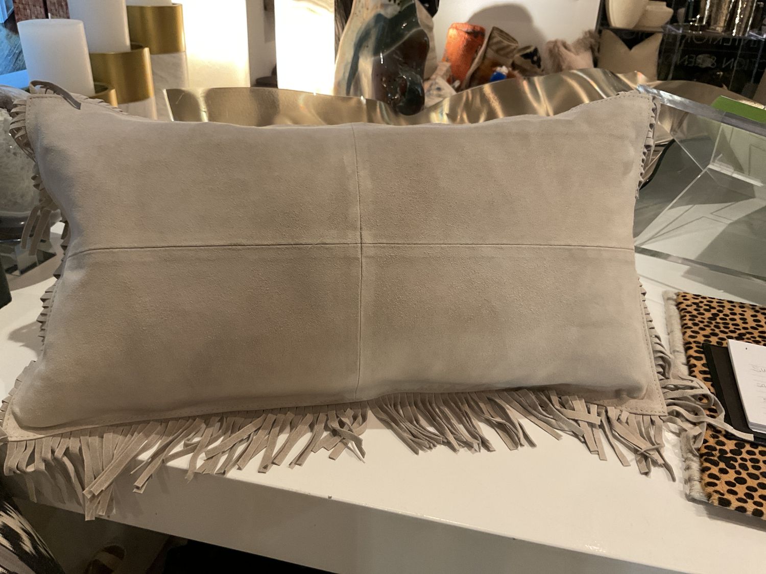 Pillow Lumbar Fringe Suede Bone 22 x 12