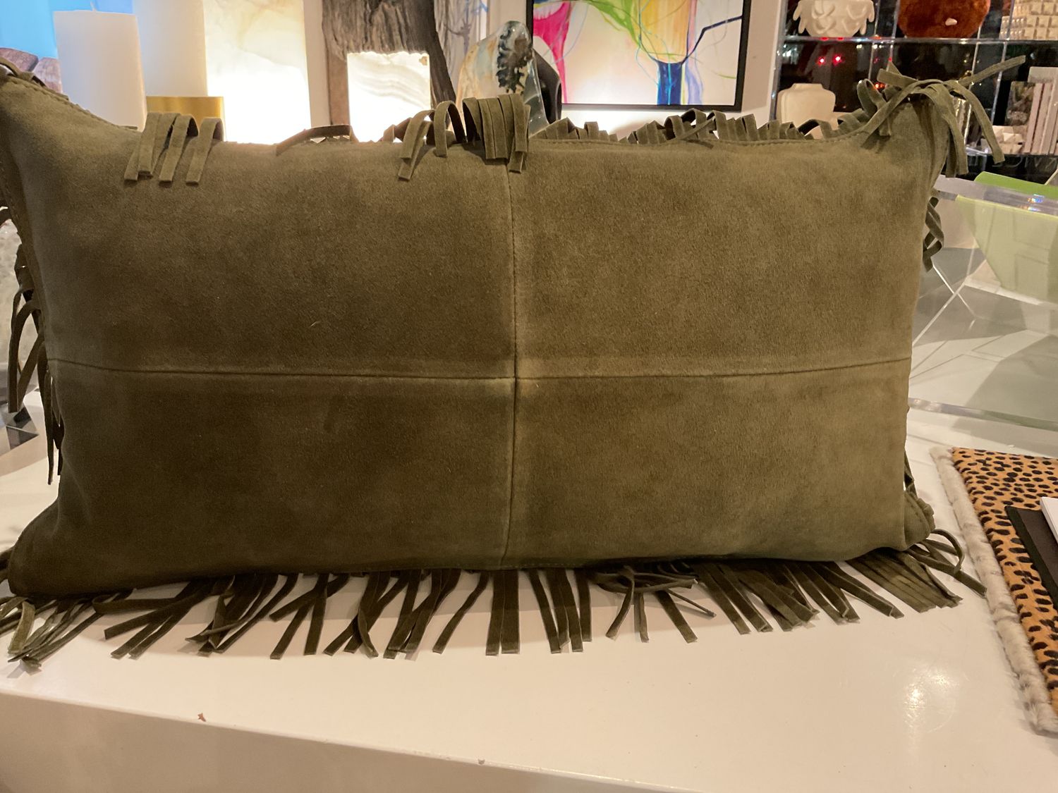 Pillow Lumbar Fringe Suede Forest 22 x 12&quot;