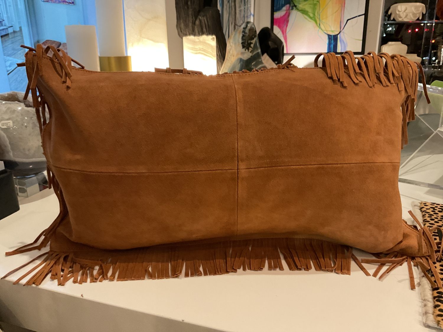Pillow Lumbar Fringe Suede Cognac 22 x 12&quot;