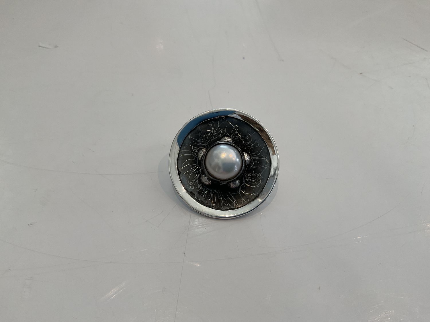 Pendant, Sterling Silver Round Oxidized Disk with Center Pearl
