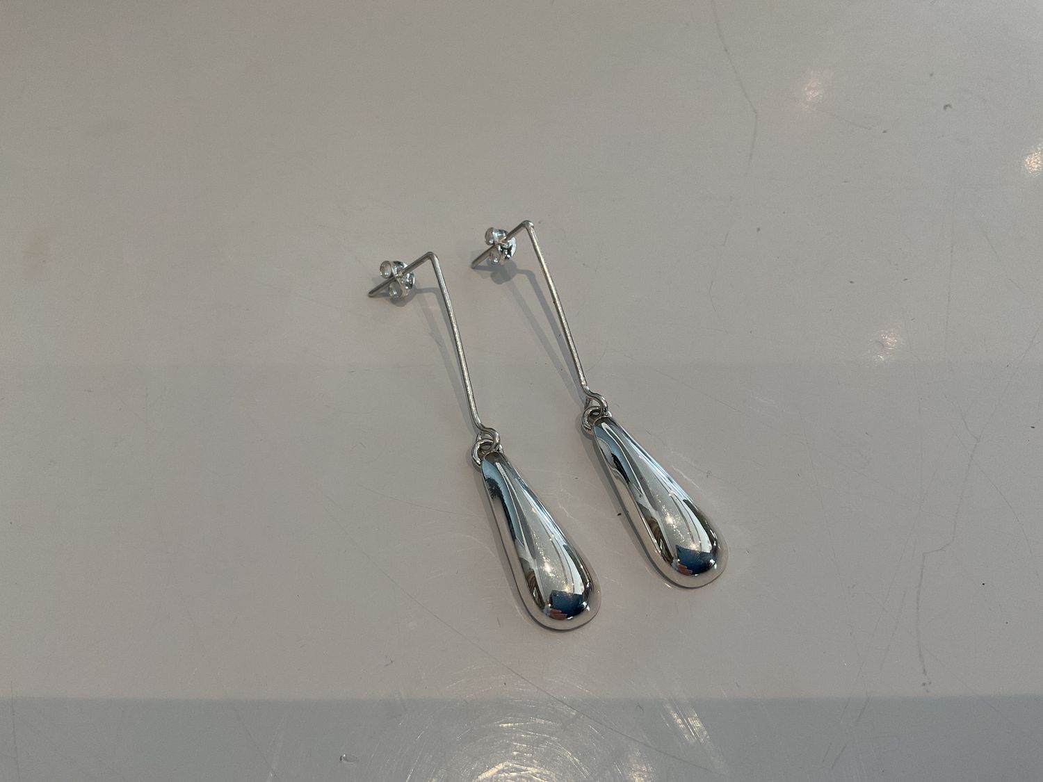 Earrings,  Sterling Silver Teardrop On Straight Wire, 2&quot;