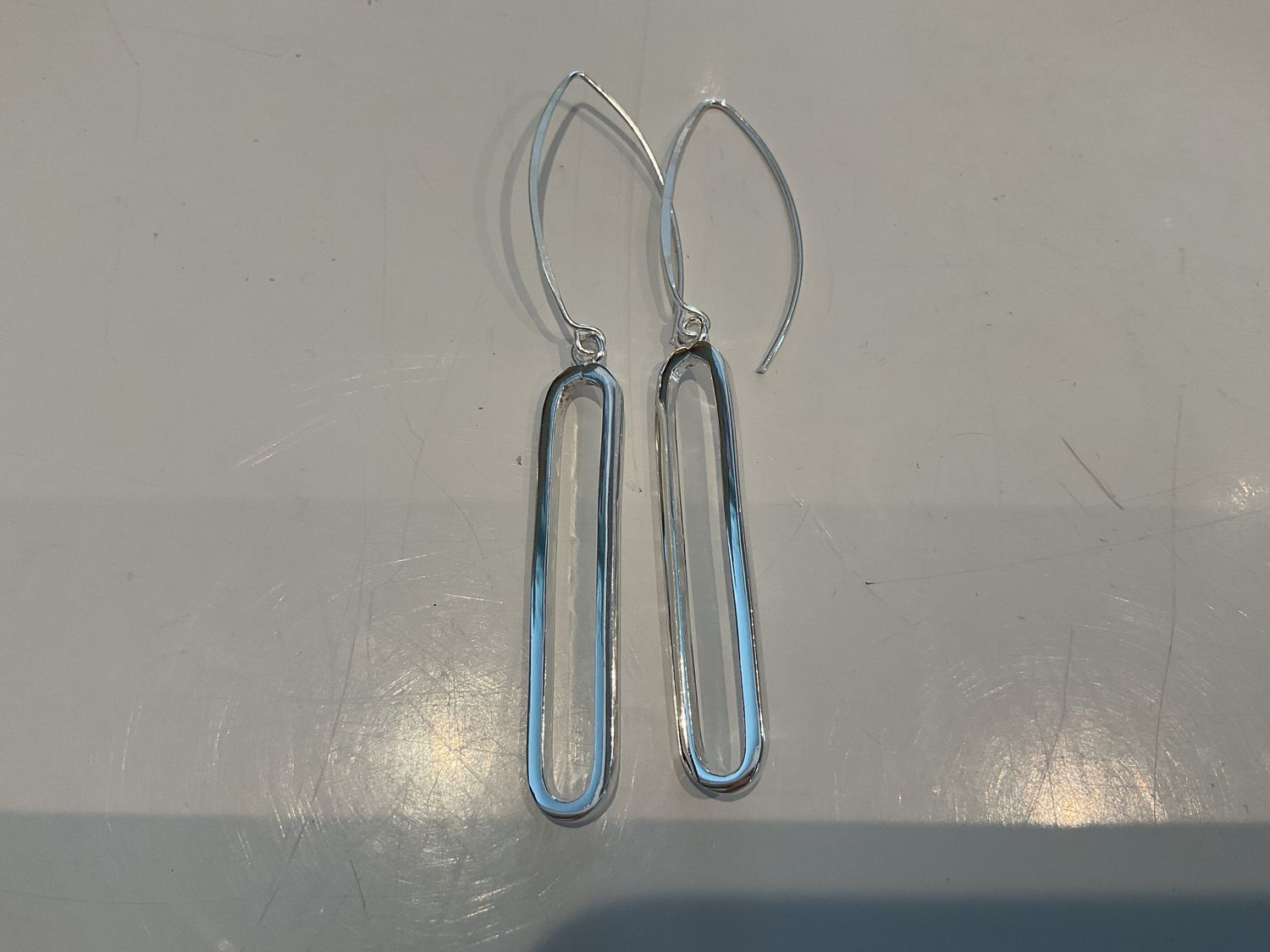 Earrings, Sterling Silver Elongated Oval on Wire,  3.5&quot;