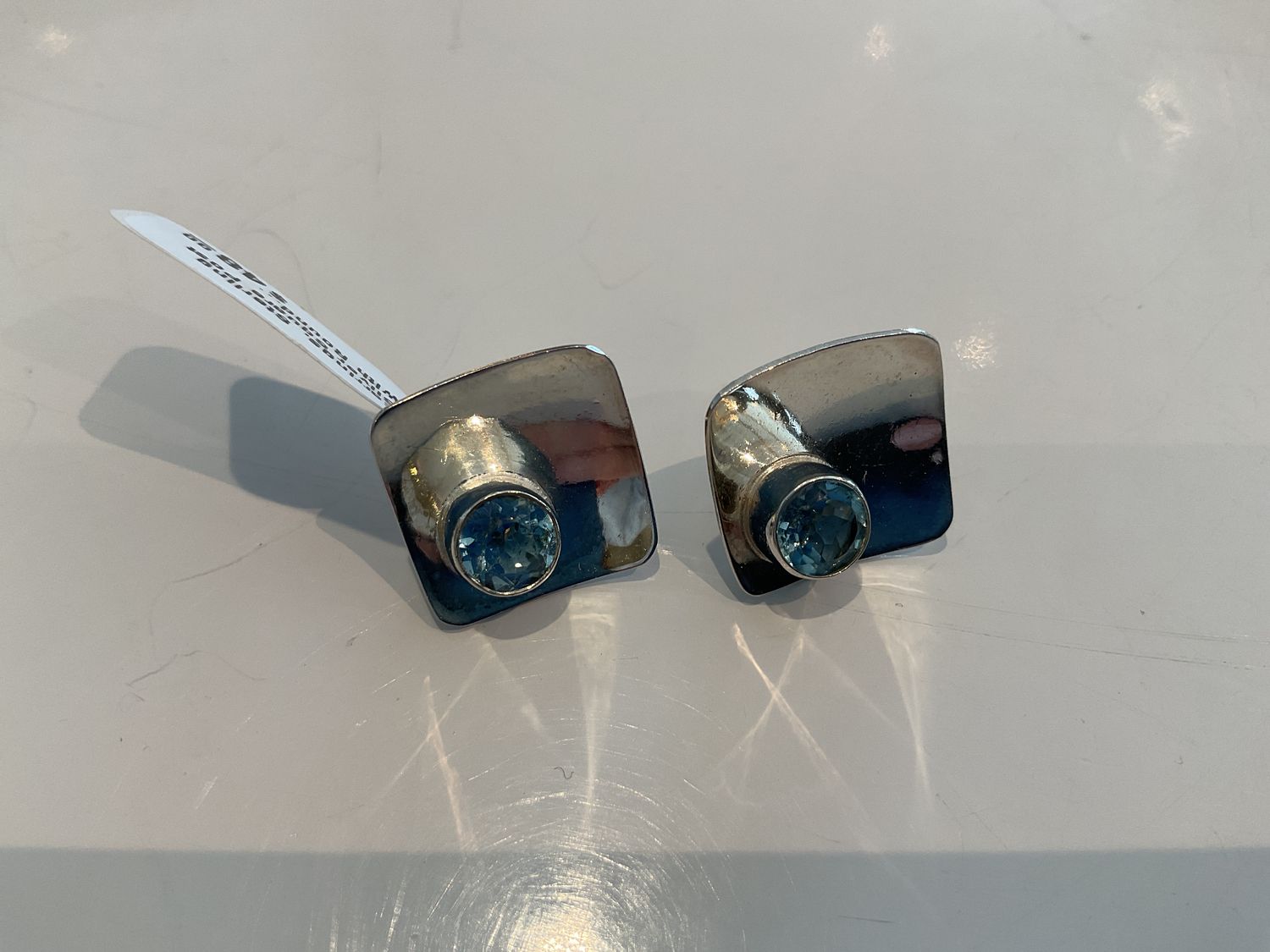 Earrings, Sterling Silver Square Post with Round Blue Topaz