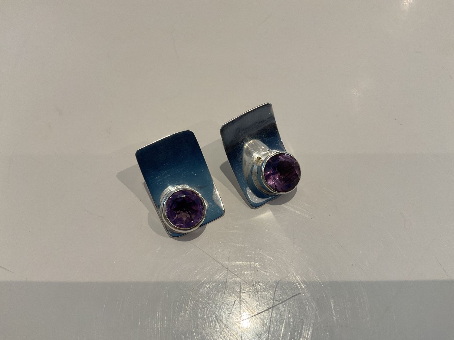 Earrings, Sterling Rectangle Post with Round Amethyst