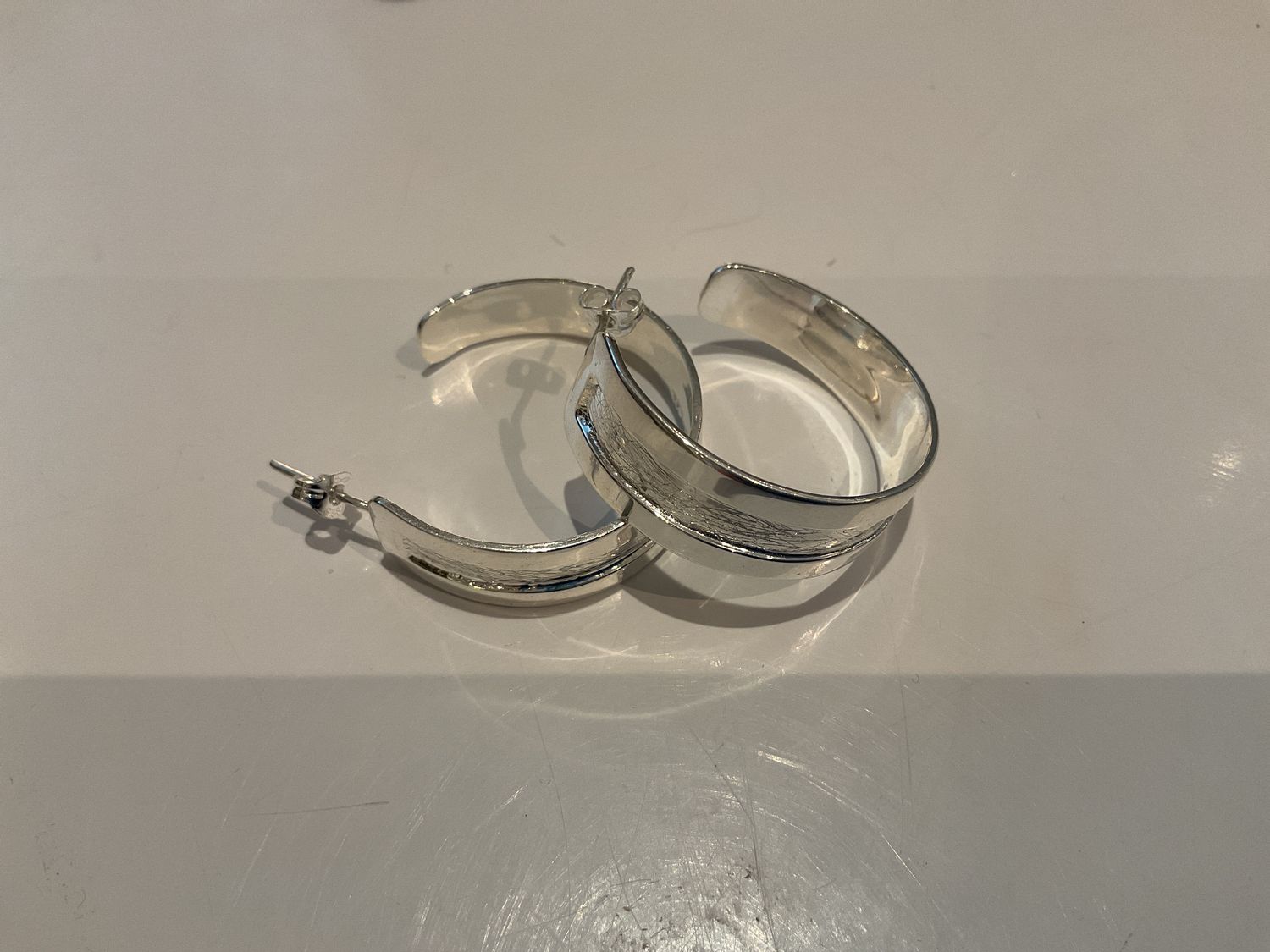 Earrings, Sterling Wide Hoop,Brushed Channel, Post