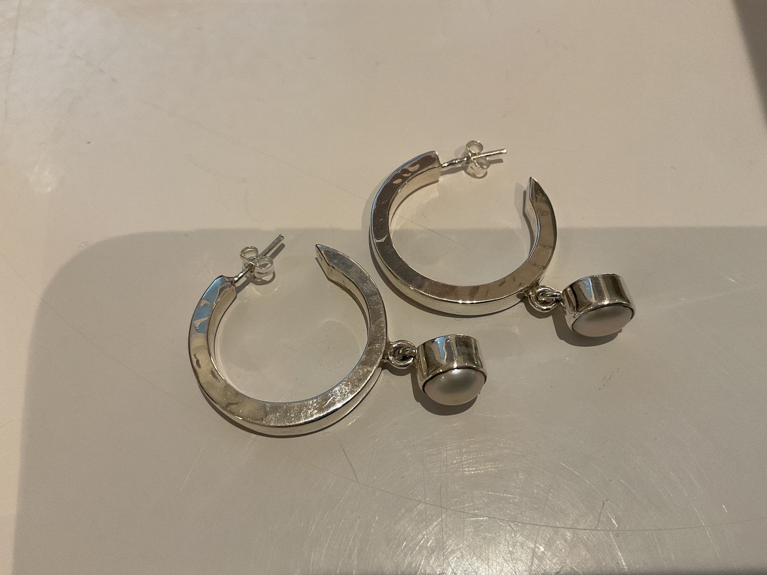 SOLD Earrings, Sterling Hoop with Freshwater Pearl Charm