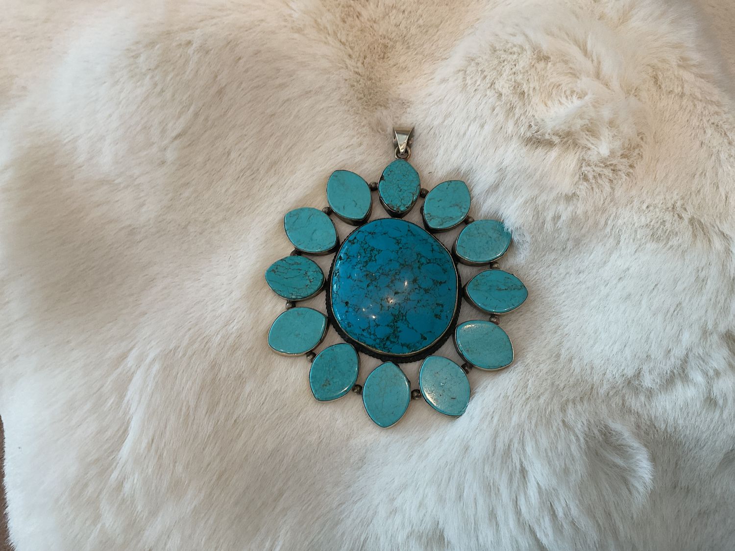 Pendant, Large Turquoise and Sterling Flower Shape Statement Piece