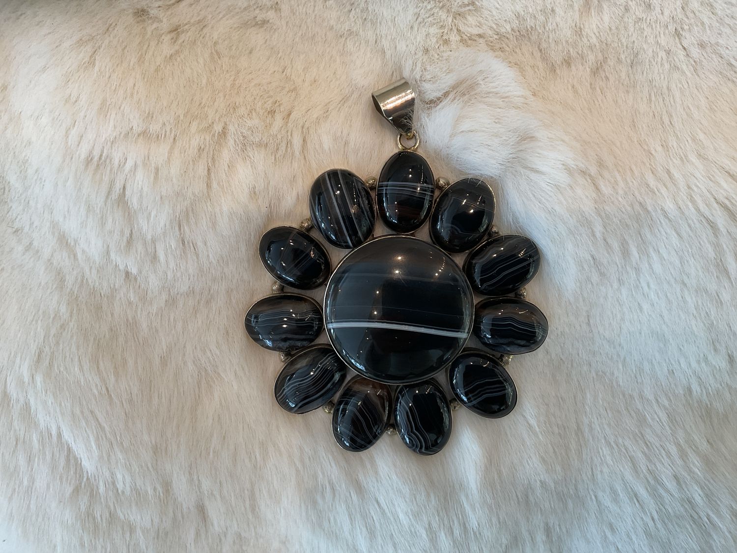 Pendant, Large Black Agate Flower Shape Statement Piece
