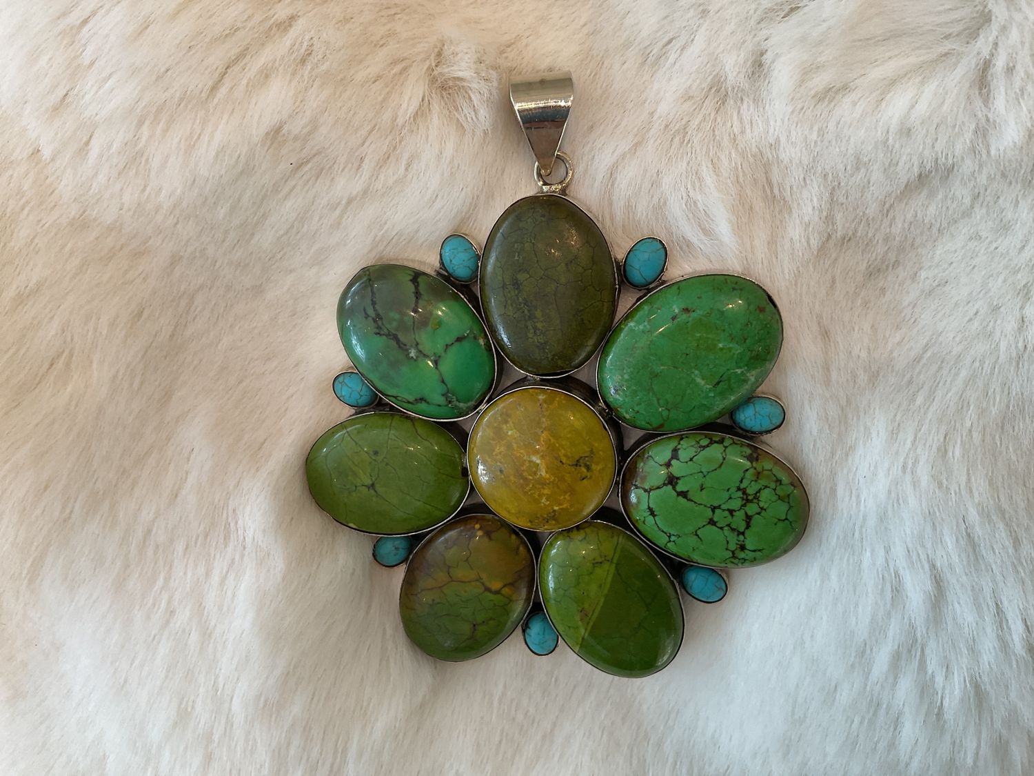 Pendant, Large Jasper &amp; Turquoise Sterling Flower Statement Piece