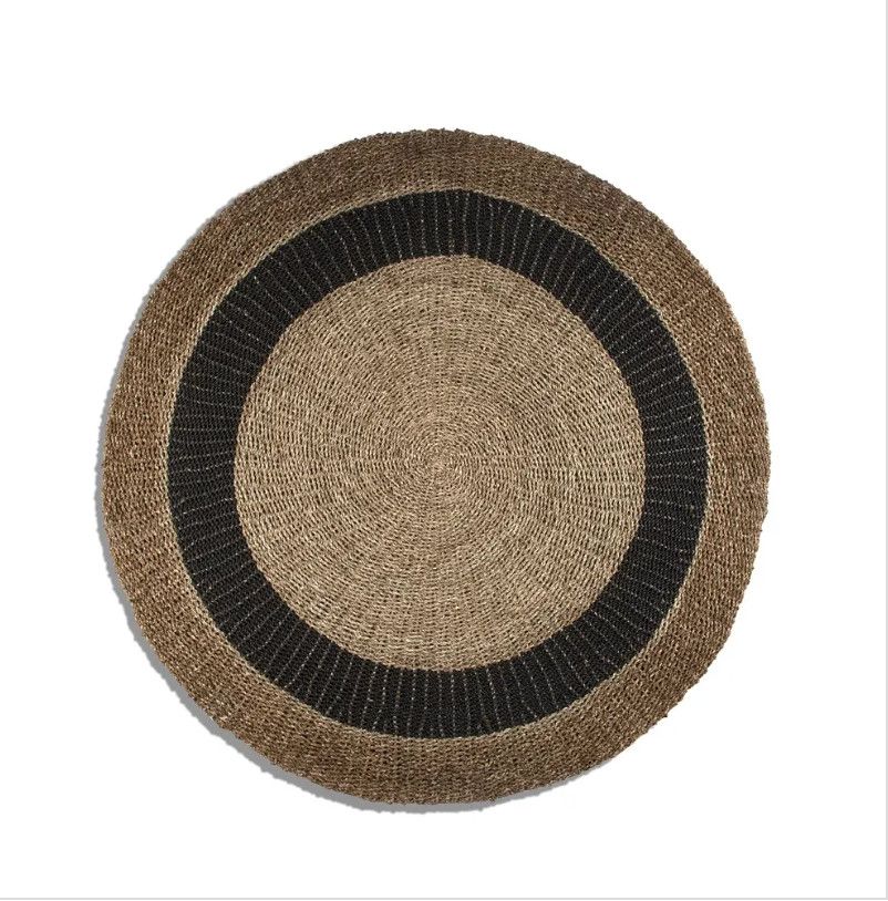 Round Seagrass Mat, Natural with Gray Border, 59&quot; D