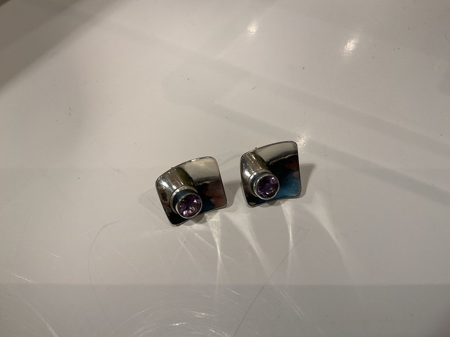Earrings, Sterling Silver Square with Round Amethyst, Post