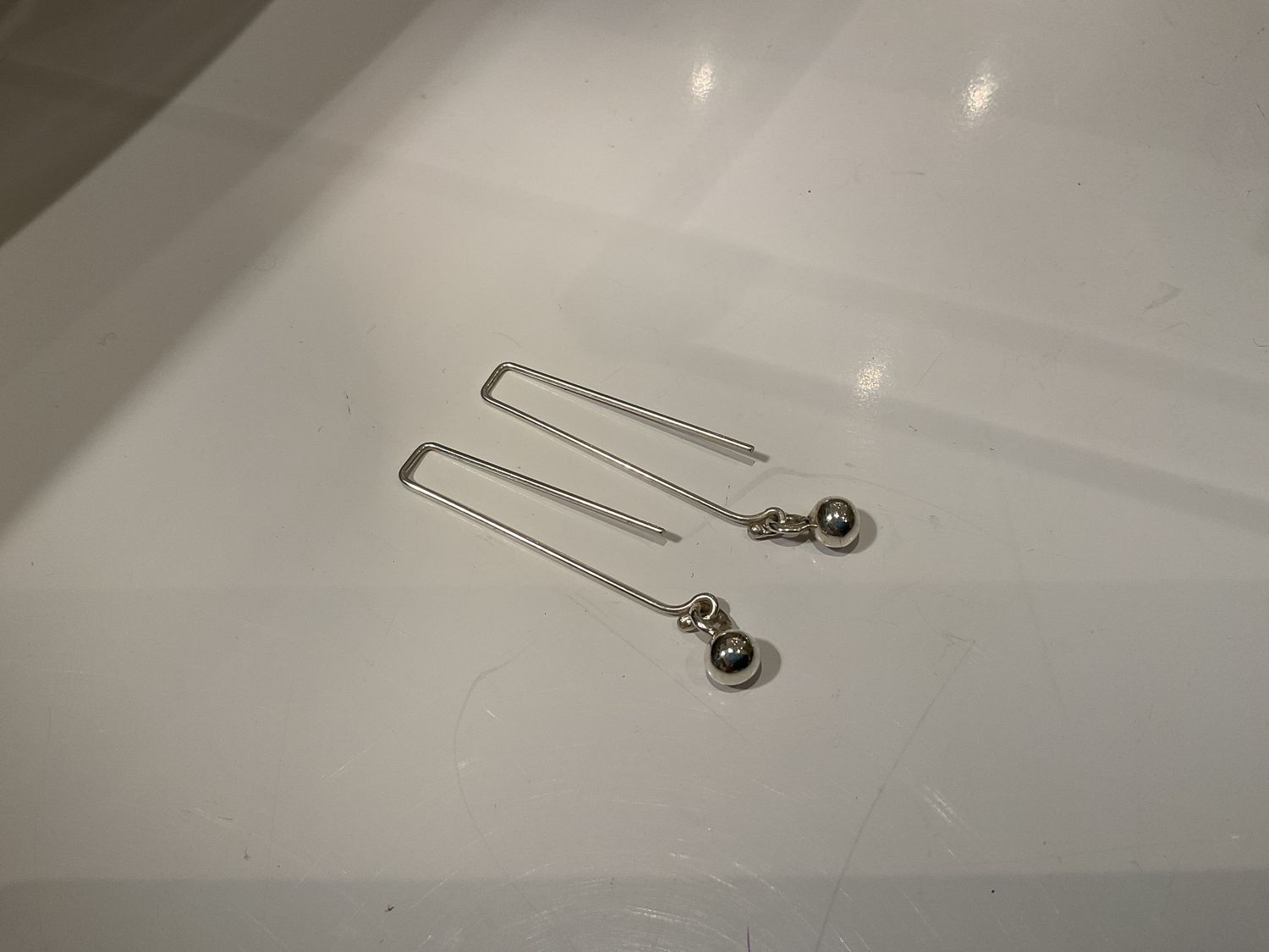 Earrings , Sterling Silver Rectangle Wire with Hanging Sphere