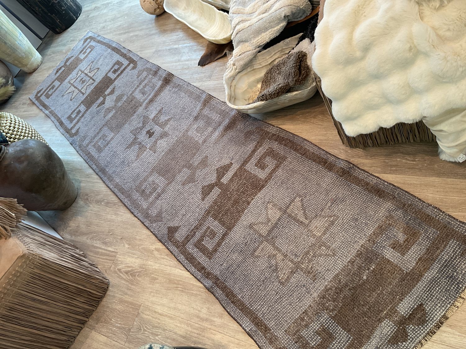 Rug Runner Wool Washed Indigo &amp; Browns 11.3&#39;x2.6&#39;