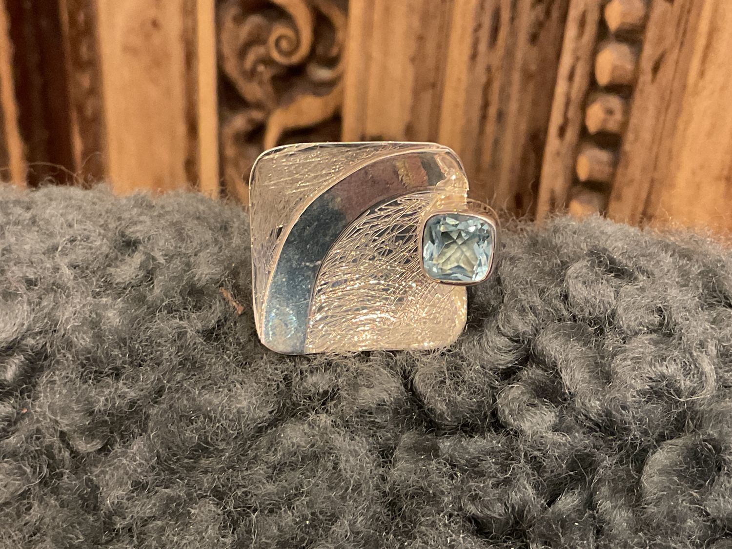 Ring Blue Topaz Large Concave Square Brushed Sterling