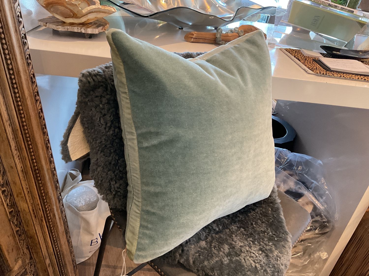 Pillow Mohair Tuxedo Trim Teal 22x22