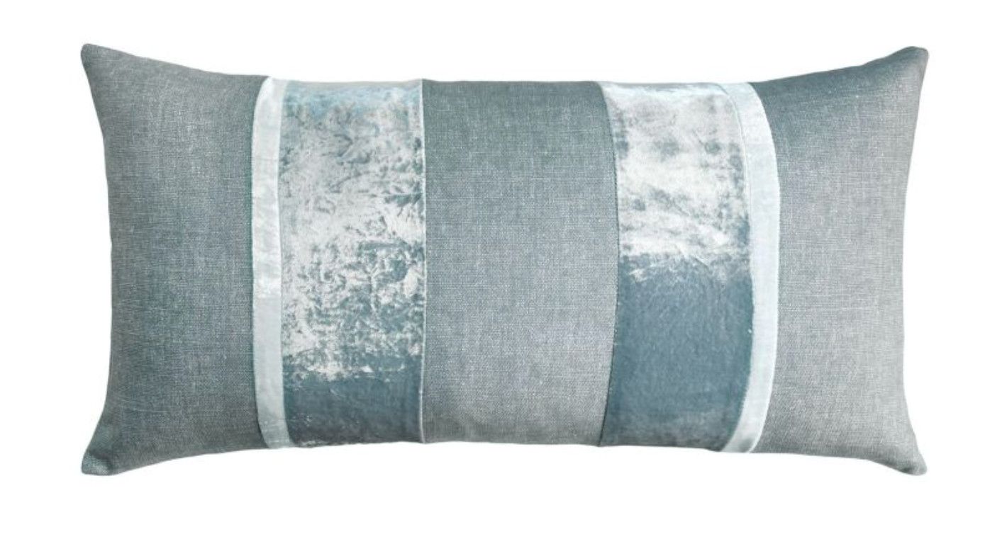 Pillow, Lumbar Striped Soft Blue Green with Velvet, 12&quot; x 24&quot;