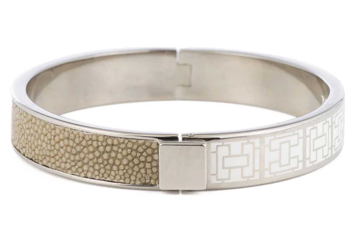 Bracelet, Genuine Shagreen &amp; Enamel White Gold Plated Bangle, Lt. Gray &amp; White