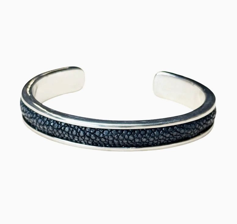 Bracelet, Genuine Shagreen &amp; White Gold Plated Cuff , Black