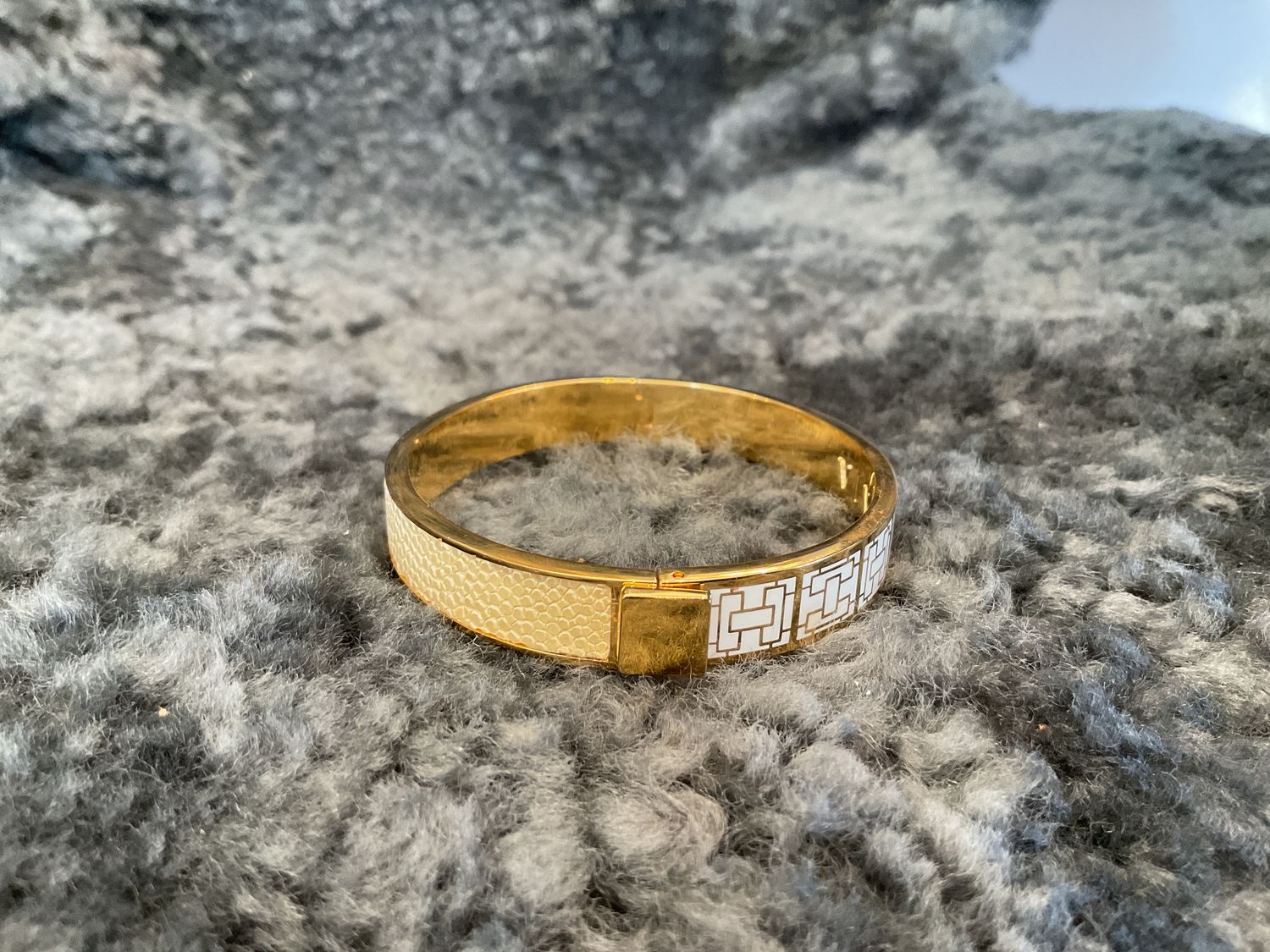 Bracelet, Genuine Shagreen &amp; Enamel Yellow Gold Plated Bangle, Pale Yellow &amp; White