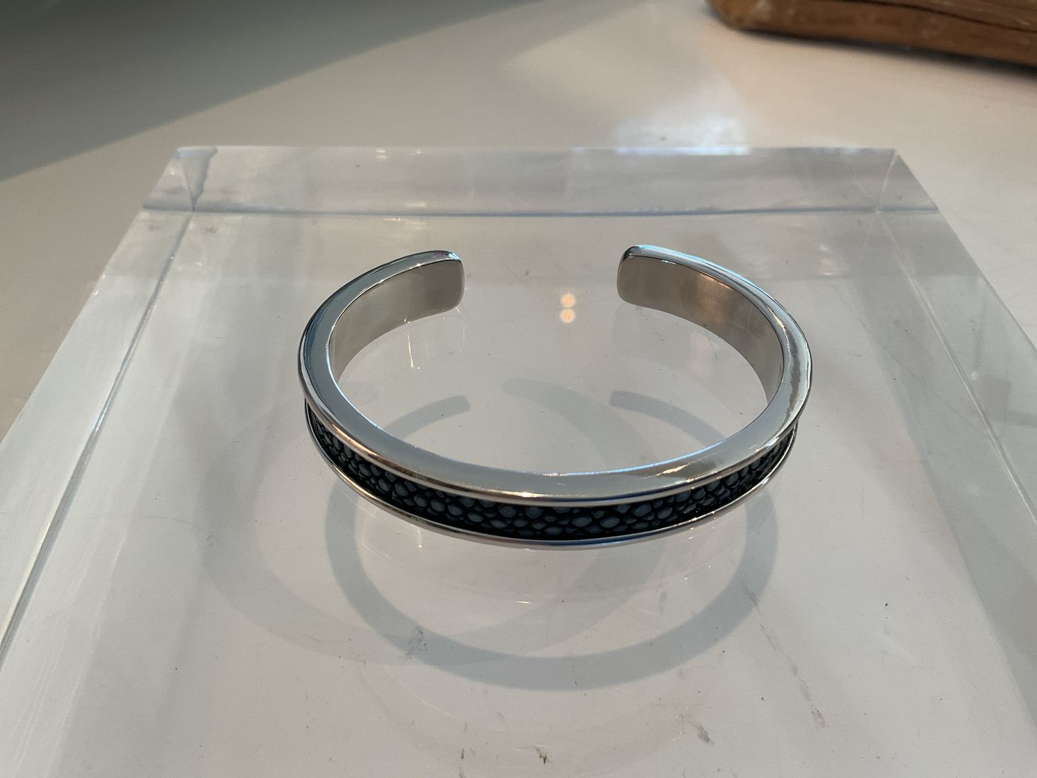 Bracelet, Genuine Shagreen &amp; White Gold Plated Cuff , Navy