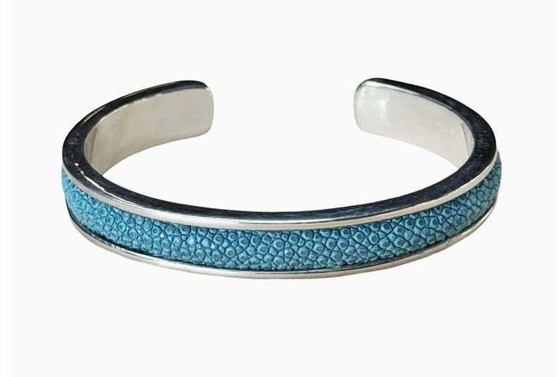 Bracelet, Genuine Shagreen &amp; White Gold Plated Cuff, Blue