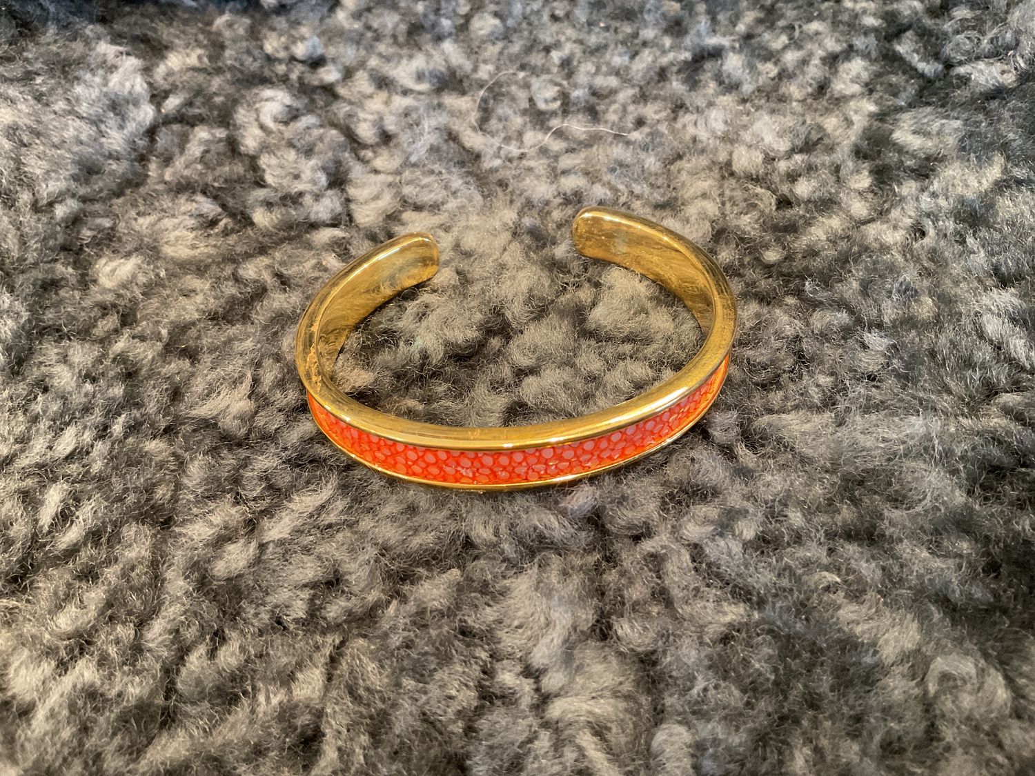 Bracelet, Genuine Shagreen &amp; Yellow Gold Plated Cuff, Orange