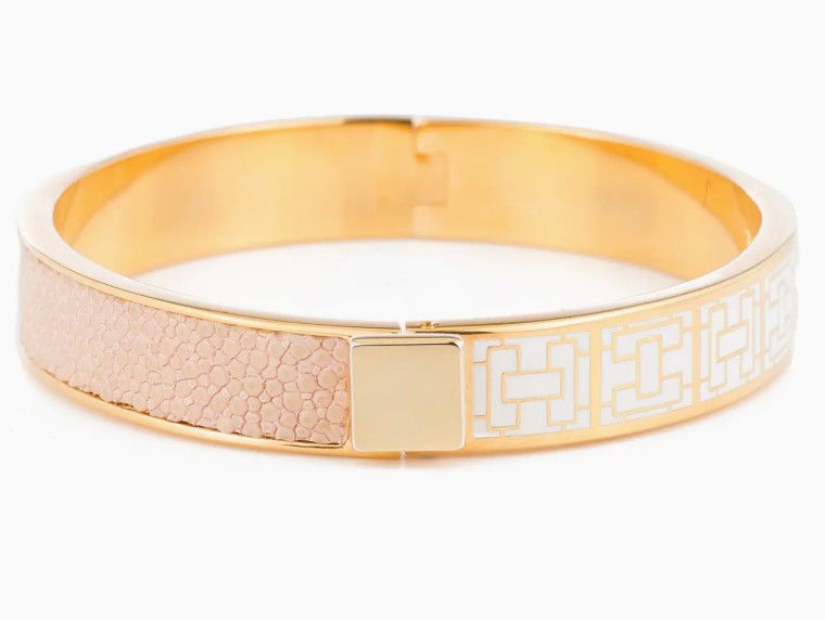 Bracelet, Genuine Shagreen &amp; Enamel Yellow Gold Plated Bangle, Blush and White
