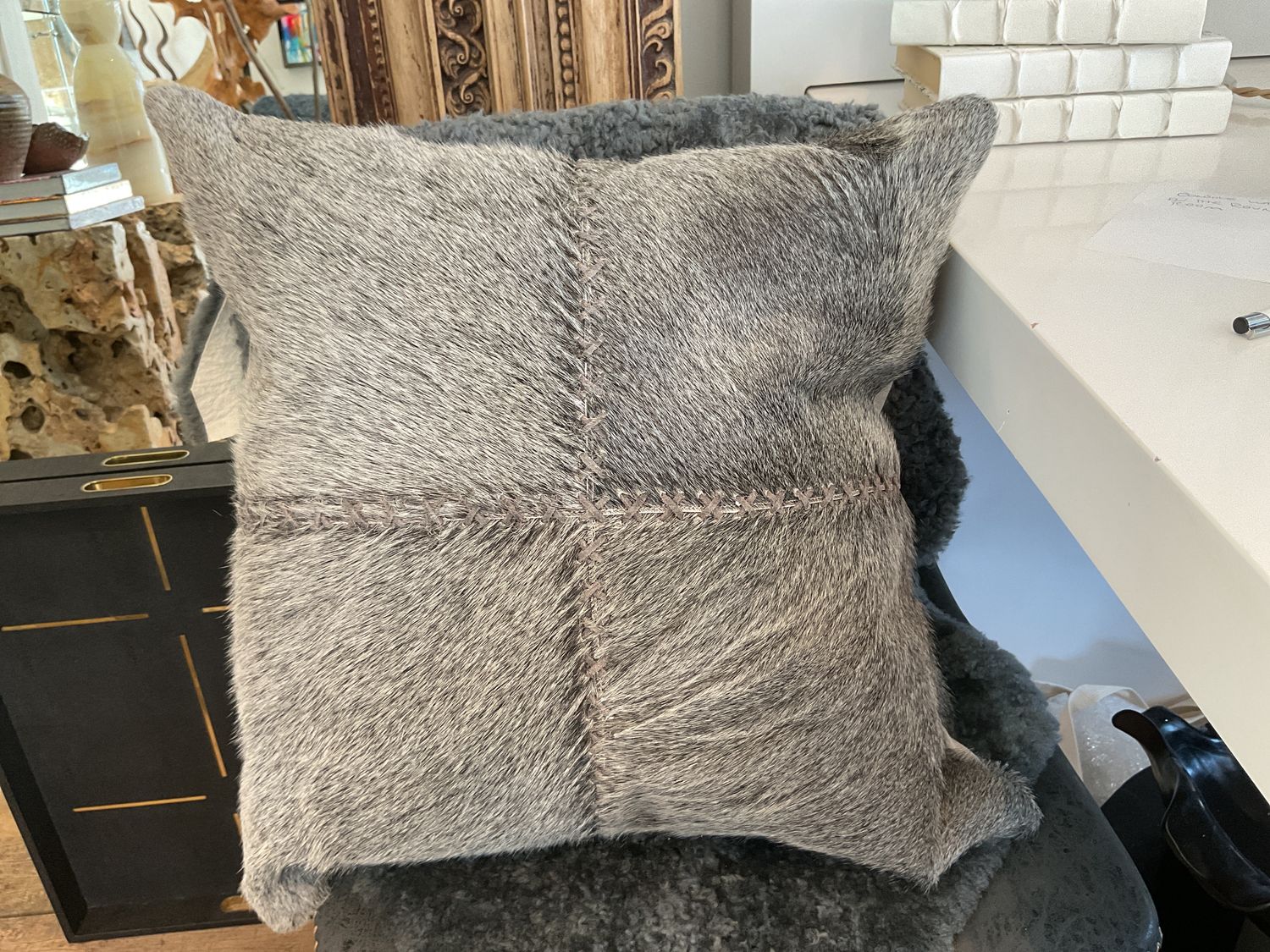 Pillow, Cowhide with Cross-Stitching, Gray, 20&quot; Square, 1 Available