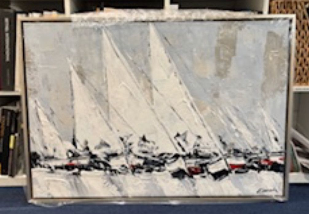 Original Art, Abstract Sailboats, Floating Gold Frame, 24&quot; x 36&quot;