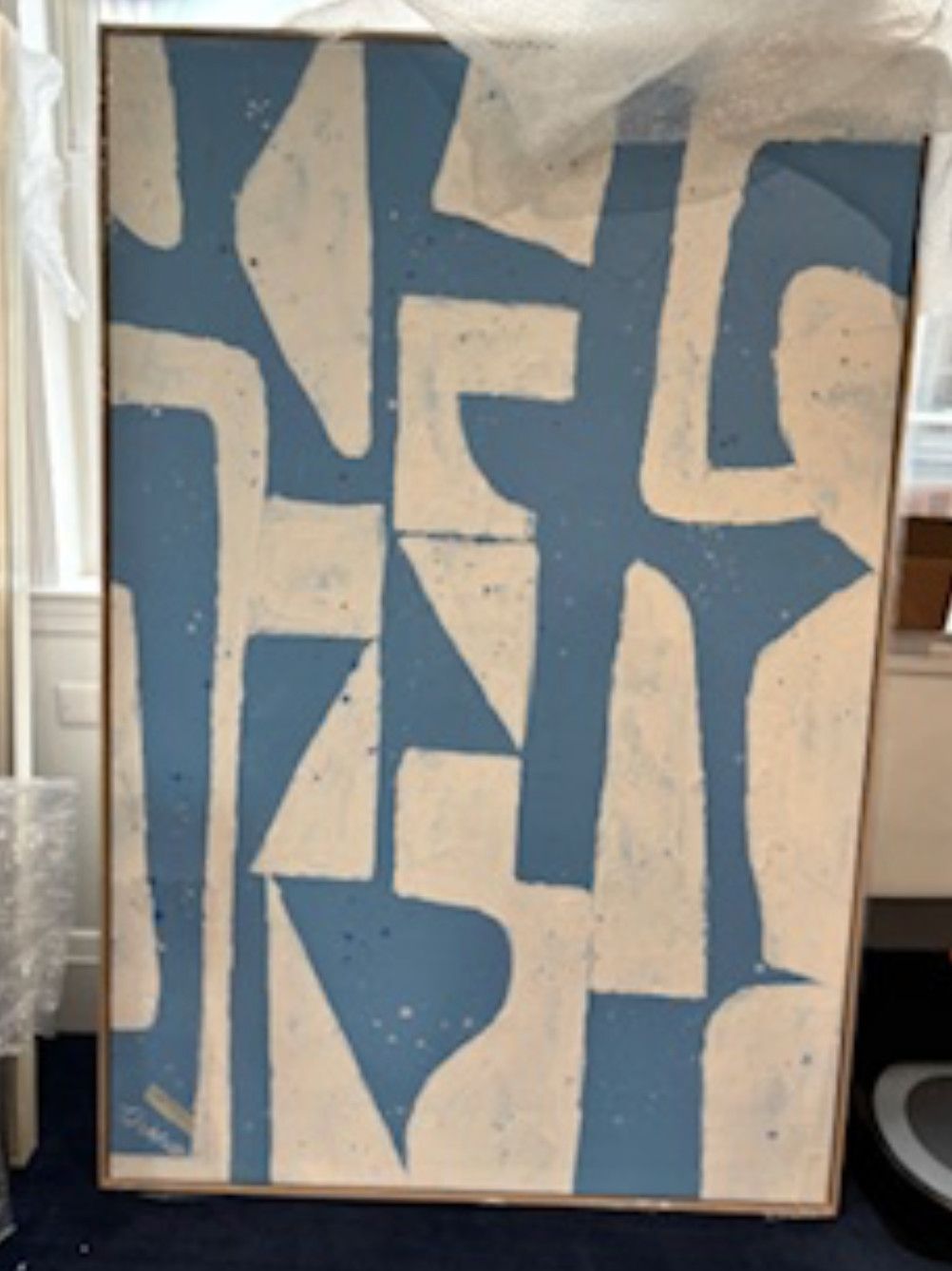 SOLD Original Art, Blue &amp; White Abstract, 40&quot; x 60&quot;, Bleached  Wood Frame