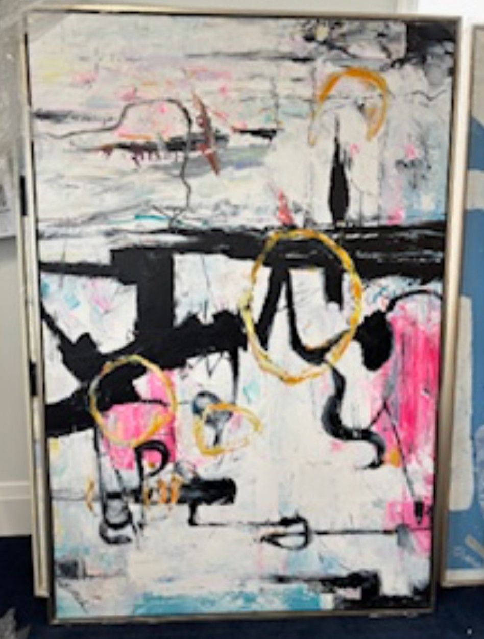 Original l Art, Abstract Gold Circles, Pink/Blk/Wh/Blu, 40 &quot; x 60&quot;, No Frame