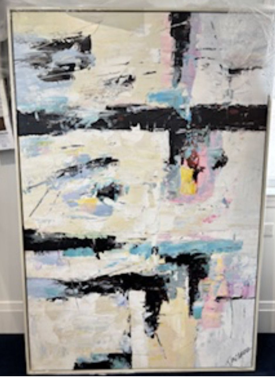Original Art, Abstract, Blk/Wh/Bl/Soft Pink/Beige, 40&quot;x 60&quot;, Ivory Lacquer Frame