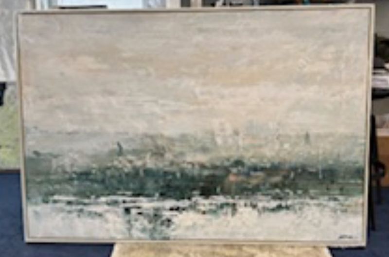 Original Art, Abstract Landscape Green, Horizontal, 40&quot; x 60&quot;, Ivory Lacquer Frame