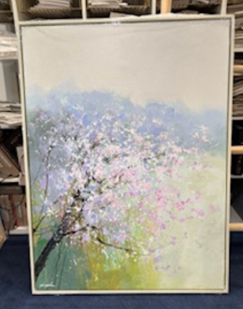 SOLD Original Art, Cherry Blossoms, 36&quot; x 48&quot;, Ivory Lacquer Frame