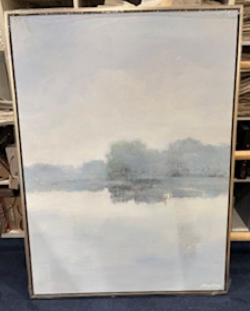 Original Art, Zhang, 36 x 48, Abstract Landscape Vertical, Reflections in the Distance, Champagne Metallic Frame