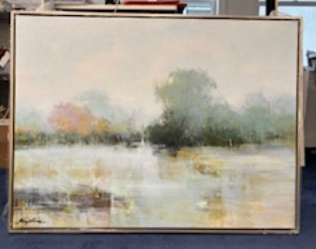 SOLD Original Art, Abstract Landscape, Autumn, Horizontal,  36&quot; x 48&quot;, Champagne Metallic Frame