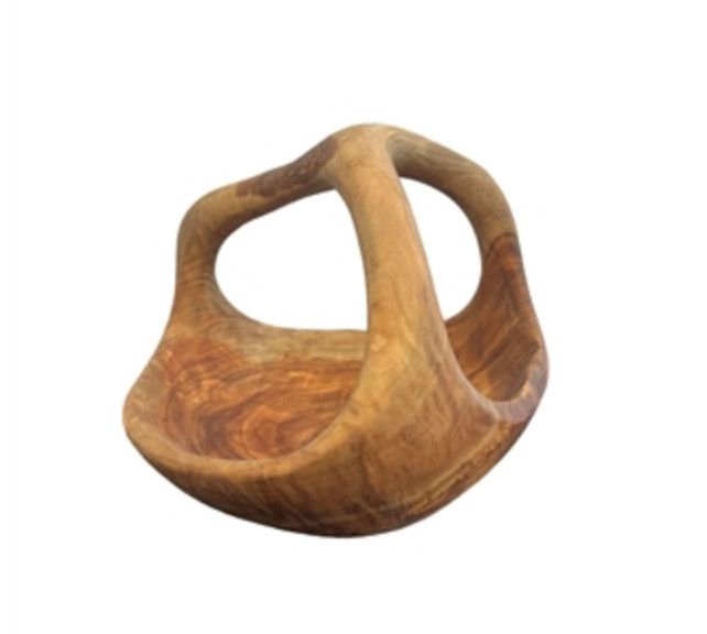 Olive Wood Bowl with Unique 3-Branch Handle, 14.5&quot; x 9&quot;