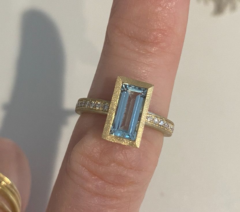 Ring, Aquamarine Baguette and Natural Diamonds in Matte 14k, 1.67 ct, .14 diamond ctw, Sz 6.5