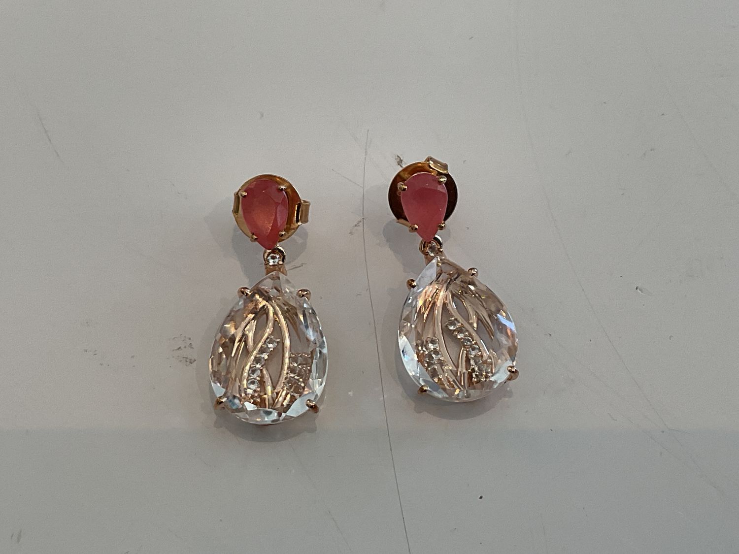 Earrings Crystal Rhodochrosite 14cts. Wht Topaz Accent Vermeil