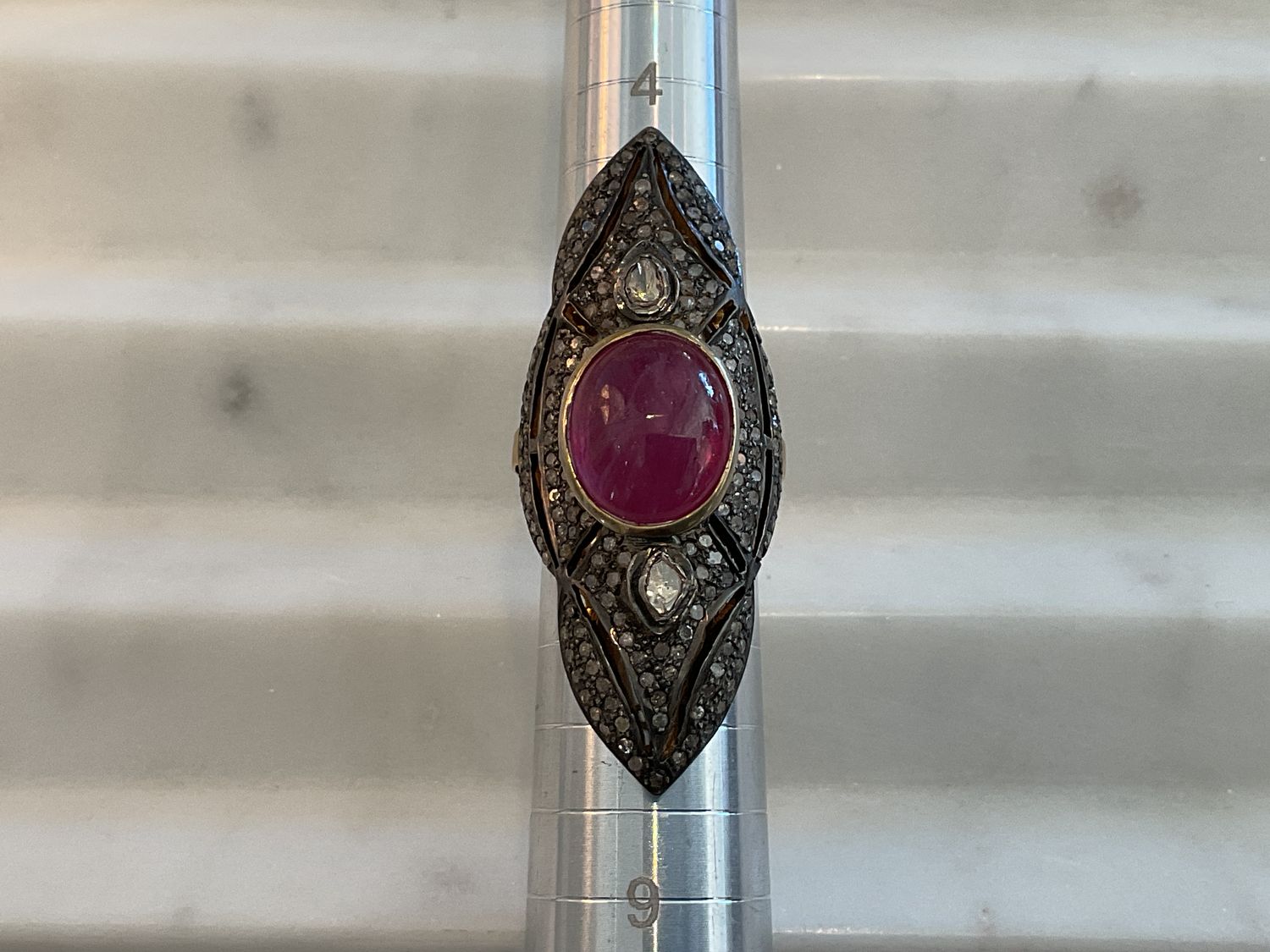 Ring sz6.5 Large Rosecut Diamond Ruby Cabochon Sterling 14k Accent