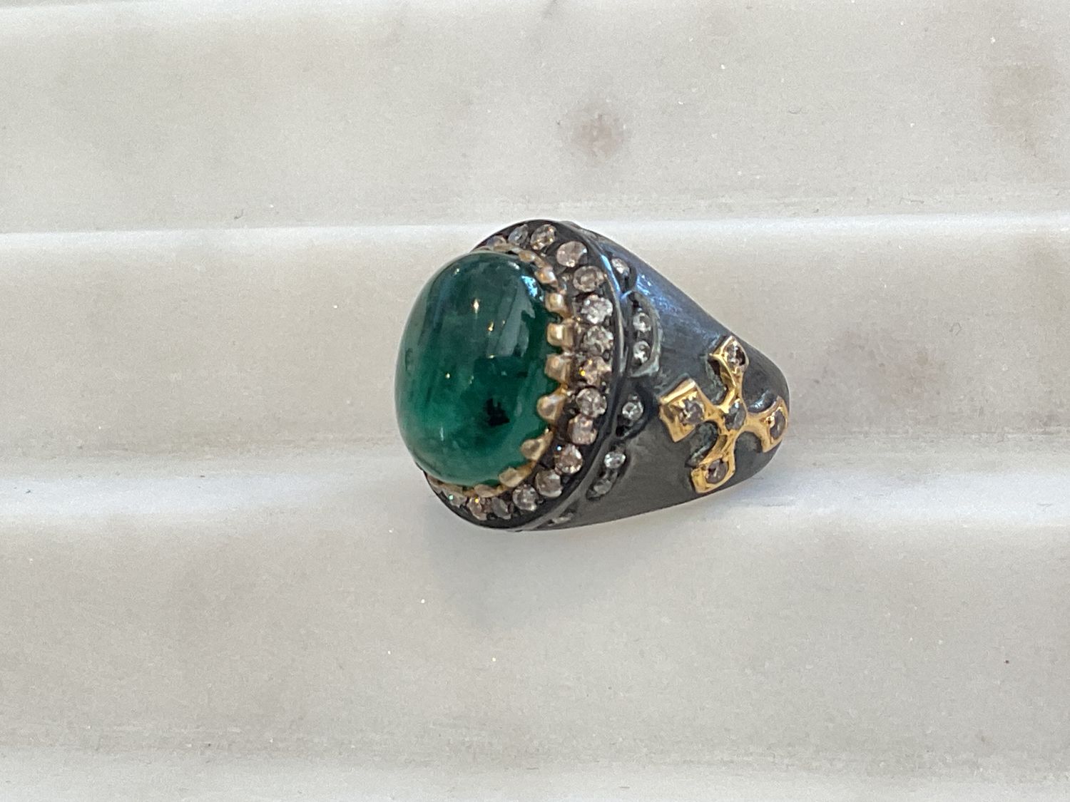 Ring sz.6.5 Emerald Cabochon Rosecut Diamonds 14k &amp; Sterling
